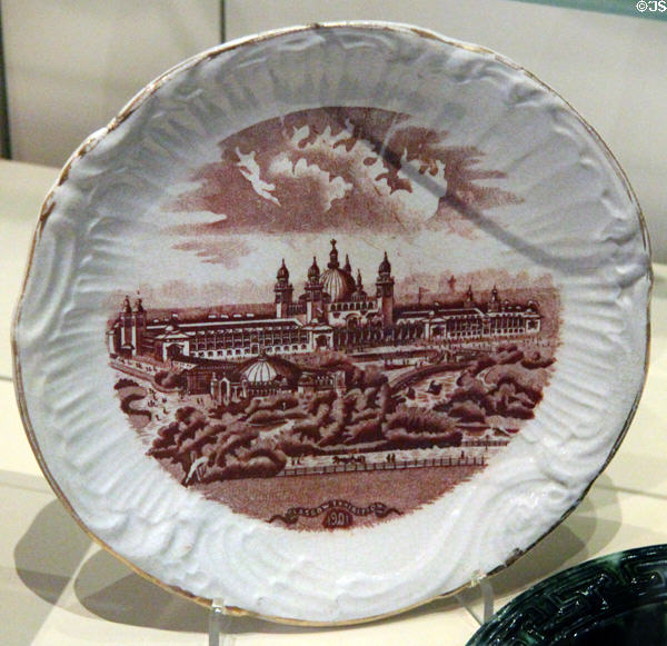 Commemorative plate with main building of Glasgow International Exhibition (1901) by Nautilus Porcelain Co. of Glasgow at National Museum of Scotland. Edinburgh, Scotland.