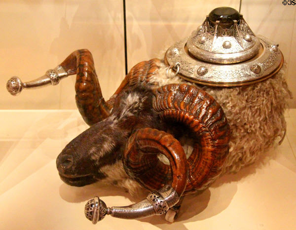 Ram's head wheeled table snuff mull (1883-4) by R & HB Kirkwood of Edinburgh at National Museum of Scotland. Edinburgh, Scotland.