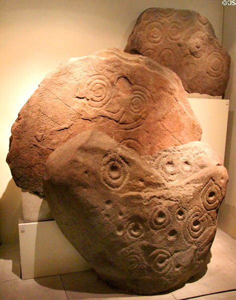 Sacred stone carved with cups & circles (2300-1800 BCE) found west of Edinburgh at National Museum of Scotland. Edinburgh, Scotland.