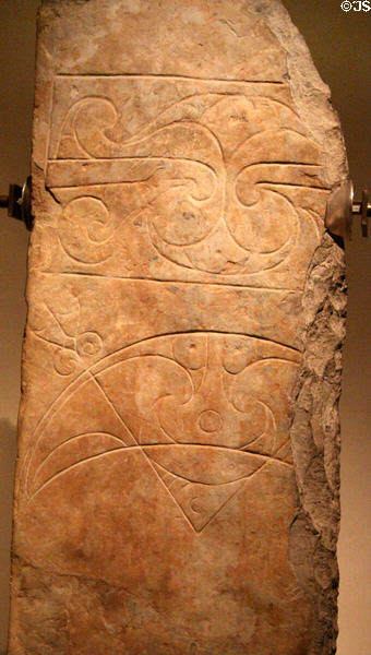 Pictish stone slab inscribed with mirror case & crescent from South Ronaldsay of Roseisle at National Museum of Scotland. Edinburgh, Scotland.