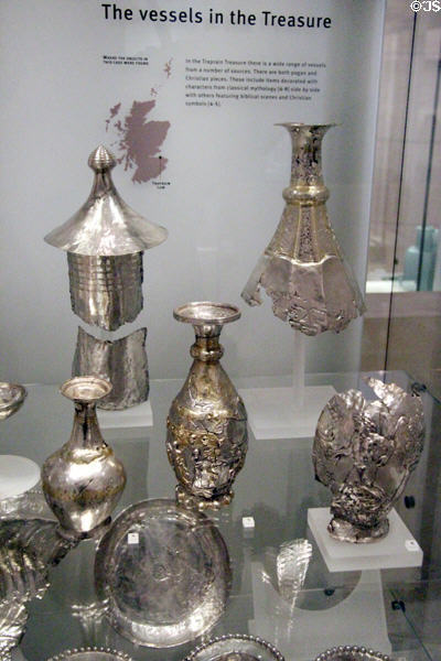 Silver flagons & plate of Traprain treasure hoard (early 5th C) Roman bribe to keep Scots from attacking England at National Museum of Scotland. Edinburgh, Scotland.