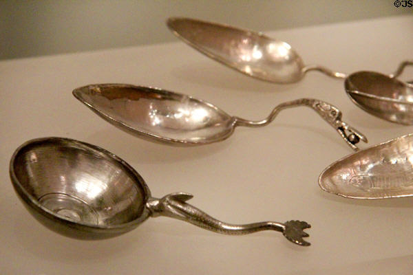 Silver spoons (early 5th C) of Traprain treasure hoard Roman bribe to keep Scots from attacking England at National Museum of Scotland. Edinburgh, Scotland.