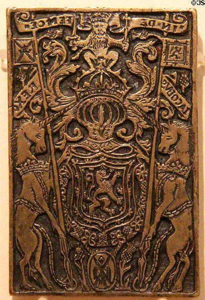 Brass book stamp with motto In defence, Jacobus Rex (James VI of Scotland / 1st of England) (prior to 1603) at National Museum of Scotland. Edinburgh, Scotland.