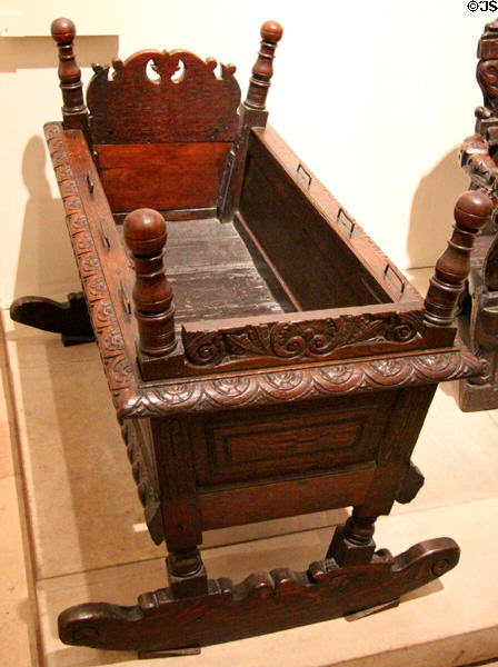 Rocking cradle said to have belonged to Annabella Drummond, Countess of Mar who cared for infant King James VI of Scotland (c1566) at National Museum of Scotland. Edinburgh, Scotland.