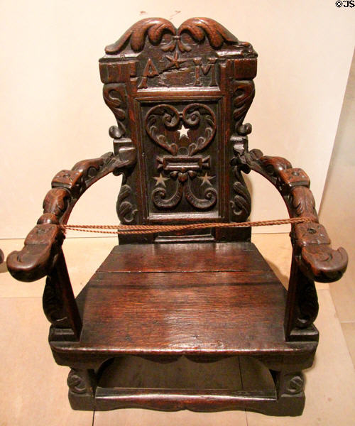 Nursing chair said to have belonged to Annabella Drummond, Countess of Mar who cared for infant King James VI of Scotland (c1566) at National Museum of Scotland. Edinburgh, Scotland.