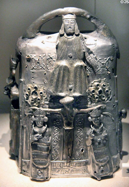 Bell shrine (12thC) from Guthrie Castle with bishops added (14-15thC) at National Museum of Scotland. Edinburgh, Scotland.