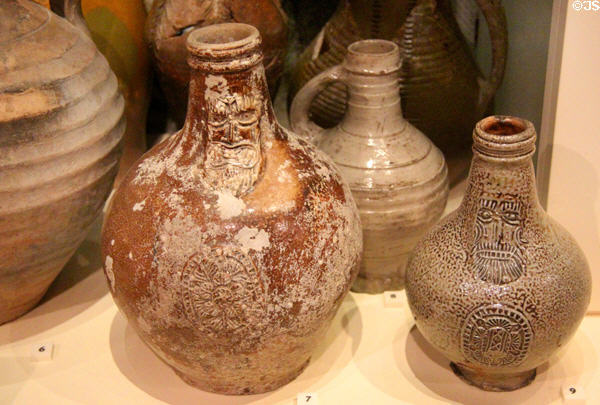 Ceramic Bartmann jugs (17th & 16thC) from Germany at National Museum of Scotland. Edinburgh, Scotland.