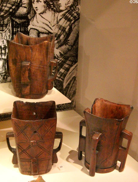 Methers wooden tankard (17-18thC) used in West Highlands & Islands made in Scotland or Ireland at National Museum of Scotland. Edinburgh, Scotland.
