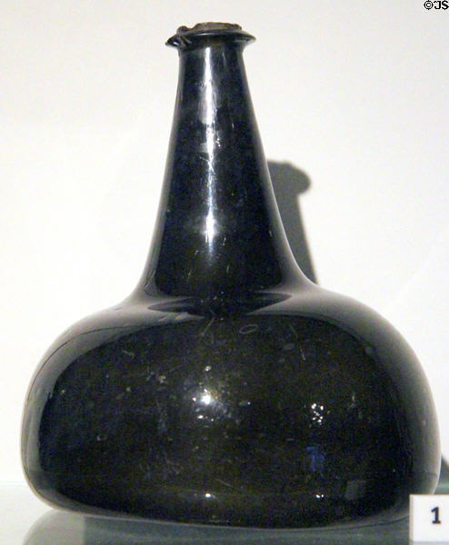 Glass wine bottle (late 17thC) from Aytoun Castle of Berwickshire at National Museum of Scotland. Edinburgh, Scotland.