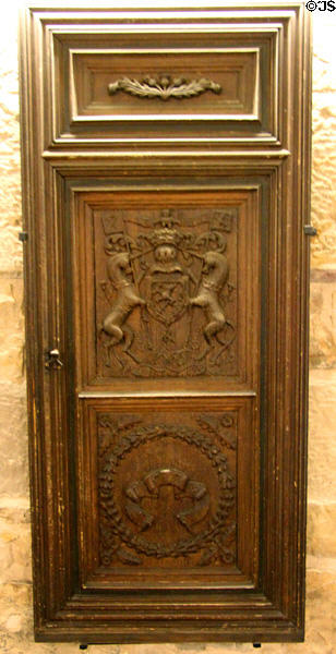 Carved oak door (16thC) with arms of Scotland & initials of King James VI at National Museum of Scotland. Edinburgh, Scotland.