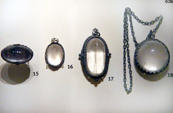 Crystal charmstones in silver mounts (17thC) at National Museum of Scotland. Edinburgh, Scotland.