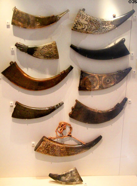 Scottish decorated powder horns made from softened, then flattened cows' horns (17thC) at National Museum of Scotland. Edinburgh, Scotland.