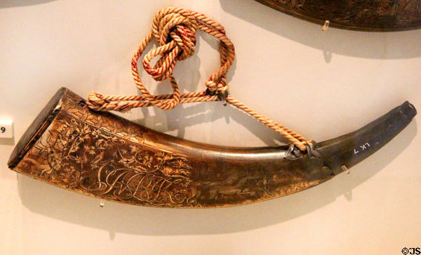 Scottish decorated powder horn engraved with hunting scene (c1660) at National Museum of Scotland. Edinburgh, Scotland.