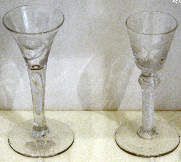 Wine glasses engraved with Jacobite symbols (1700s) for a Welsh society at National Museum of Scotland. Edinburgh, Scotland.