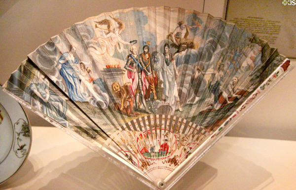 Lady's fan depicting Bonnie Prince Charlie among classical gods presented to Edinburgh ladies at re-establishment of Stuart court at Holyroodhouse at National Museum of Scotland. Edinburgh, Scotland.
