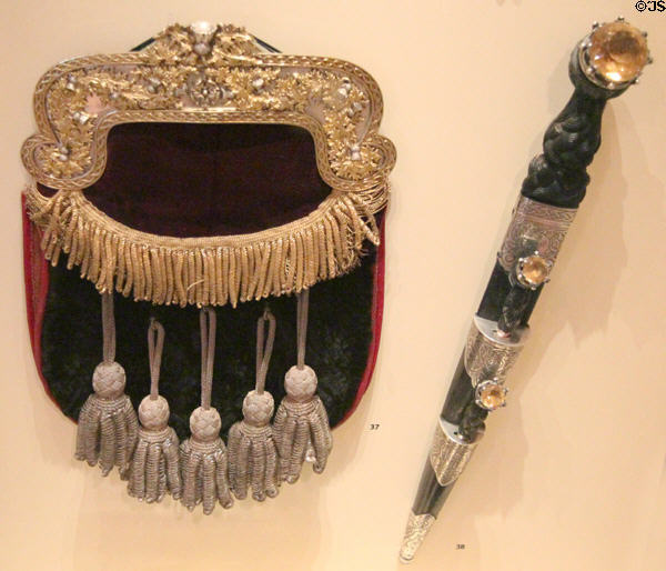 Sporran with silver mounts by RG & Dirk with knife & fork (1910) by Hamilton & Inches of Edinburgh at National Museum of Scotland. Edinburgh, Scotland.