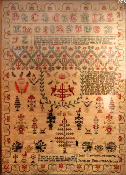 Needlework sampler (1814) by Jane Stevenson of Kirkintilloch listing family members at National Museum of Scotland. Edinburgh, Scotland.