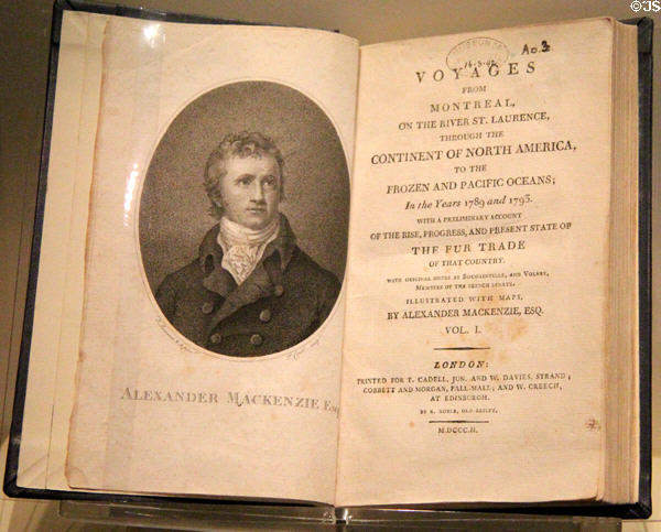 Book (1802) with engraved portrait on Voyages from Montreal to the Pacific Ocean by Alexander Mackenzie at National Museum of Scotland. Edinburgh, Scotland.