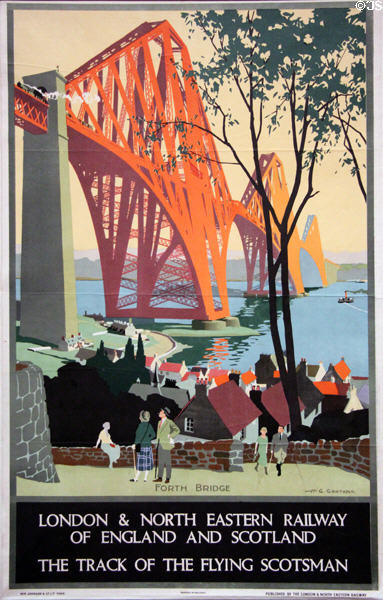 Track of the Flying Scotsman on Forth Bridge poster (1928) by Henry George Gawthorn for London & North Eastern Railway at National Museum of Scotland. Edinburgh, Scotland.