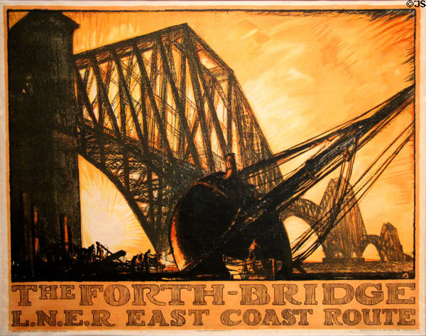 East Coast Route poster showing Forth Bridge (1930) by Frank William Brangwyn for London & North Eastern Railway at National Museum of Scotland. Edinburgh, Scotland.
