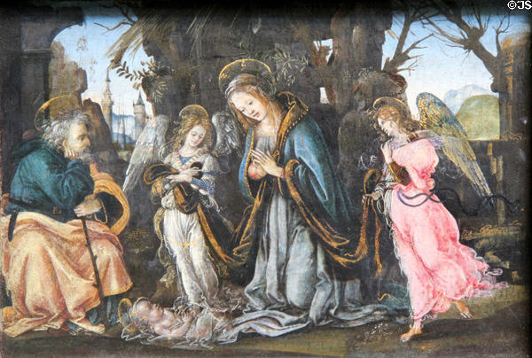 Nativity with Two Angels tempera painting (c1490-5) by Filippino Lippi at National Gallery of Scotland. Edinburgh, Scotland.