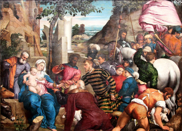 Adoration of the Kings painting (1542) by Jacopo Bassano at National Gallery of Scotland. Edinburgh, Scotland.
