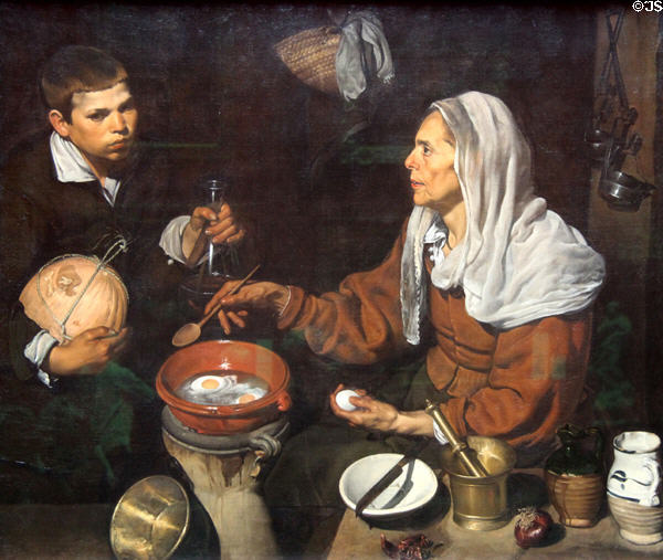 Old Woman Cooking Eggs painting (1618) by Diego Velázquez at National Gallery of Scotland. Edinburgh, Scotland.