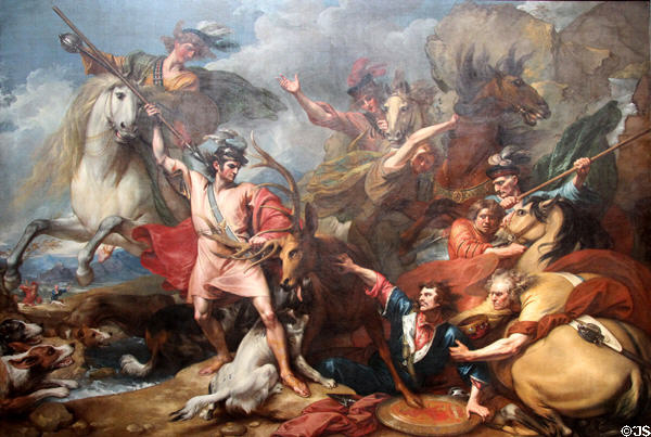 Alexander III of Scotland Rescued from Fury of a Stag by the Intrepidity of Colin Fitzgerald painting (1786) by Benjamin West at National Gallery of Scotland. Edinburgh, Scotland.