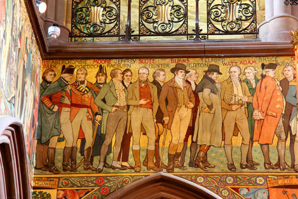 Detail of Raeburn, Scott, Burns, Telford, Watt, et al on frieze by William Hole in main hall at National Portrait Gallery of Scotland. Edinburgh, Scotland.