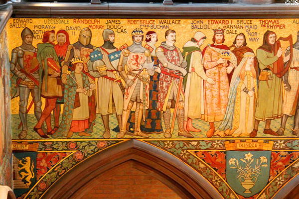 Detail of Bruce, Wallace, et al on frieze by William Hole in main hall at National Portrait Gallery of Scotland. Edinburgh, Scotland.