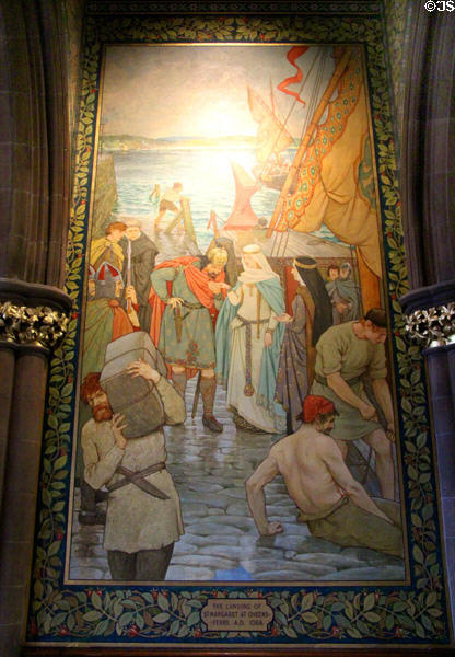 Landing of St Margaret at Queens-Ferry (1068) mural on balcony of main hall at National Portrait Gallery of Scotland. Edinburgh, Scotland.