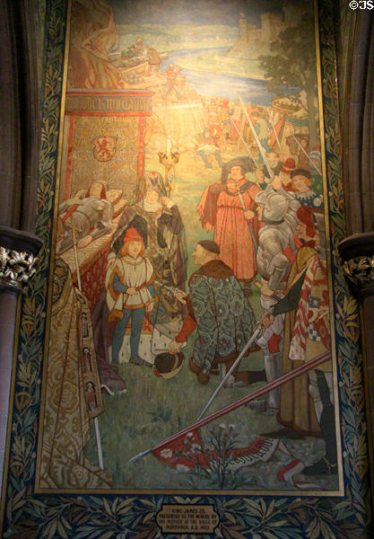 King James III presented to the nobles by his mother at the siege of Roxburgh (1460) mural on balcony of main hall at National Portrait Gallery of Scotland. Edinburgh, Scotland.