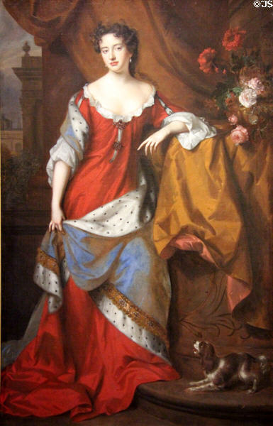 Queen Anne, when Princess of Denmark (daughter of James VII / II & Anne Hyde) (1665-1714) portrait (c1685) by Willem Wissing & Jan van der Vaart at National Portrait Gallery of Scotland. Edinburgh, Scotland.