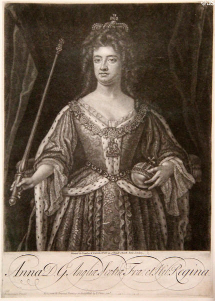 Queen Anne (daughter of James VII / II & Anne Hyde) (1665-1714) engraving (c1702) by John Faber after John Closterman at National Portrait Gallery of Scotland. Edinburgh, Scotland.