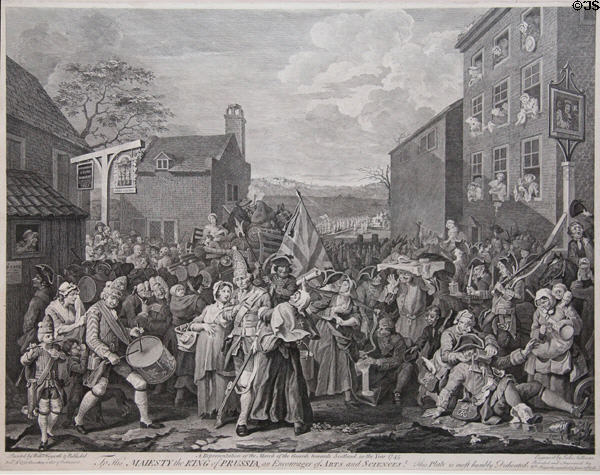 March of English Guards against Jacobite Army in 1745 engraving (1750) by Luke Sullivan after William Hogarth at National Portrait Gallery of Scotland. Edinburgh, Scotland.