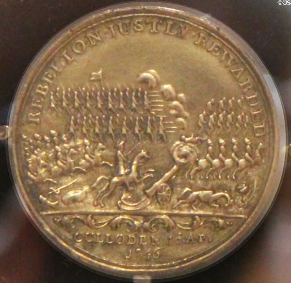 Battle of Culloden brass medal (1746) commemorates Duke of Cumberland's victory over Jacobites at National Portrait Gallery of Scotland. Edinburgh, Scotland.
