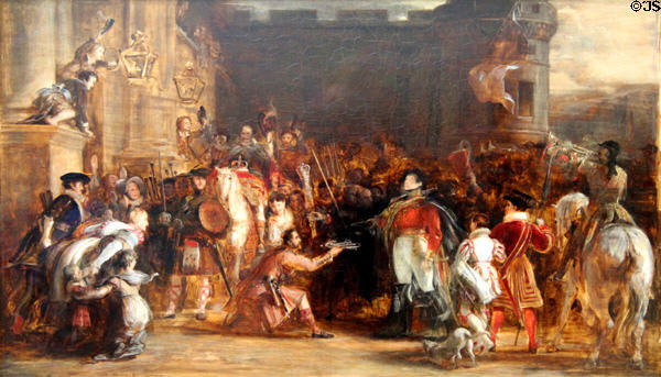 Entrance of George IV at Palace of Holyroodhouse painting (1828) by Sir David Wilkie at National Portrait Gallery of Scotland. Edinburgh, Scotland.