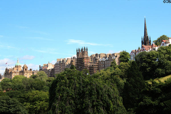 Buildings along ridge of Royal Mile seen from Princes Street Gardens. Edinburgh, Scotland.