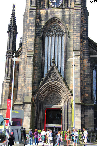 Gothic entrance of The Hub (originally Church of Scotland) (1845) on Royal Mile. Edinburgh, Scotland.