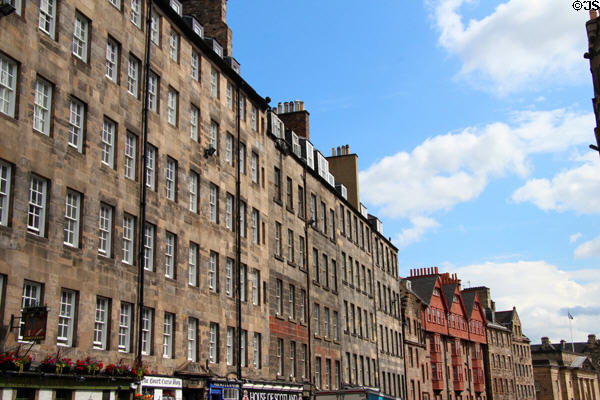 Heritage buildings spanning Royal Mile from Milnes court (1890) to Wardrop's Court. Edinburgh, Scotland.