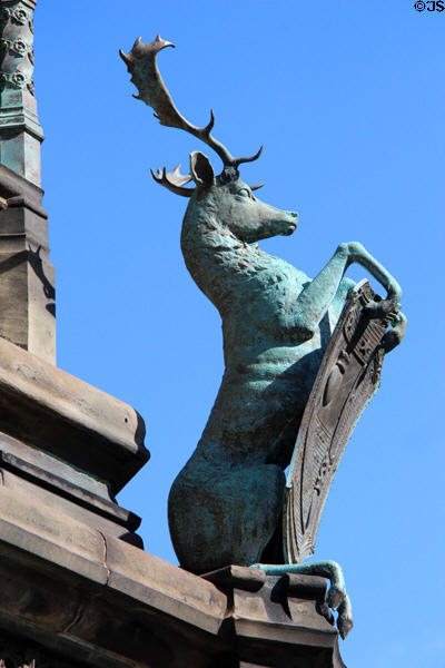 Stag with shield on Duke of Buccleuch statue. Edinburgh, Scotland.