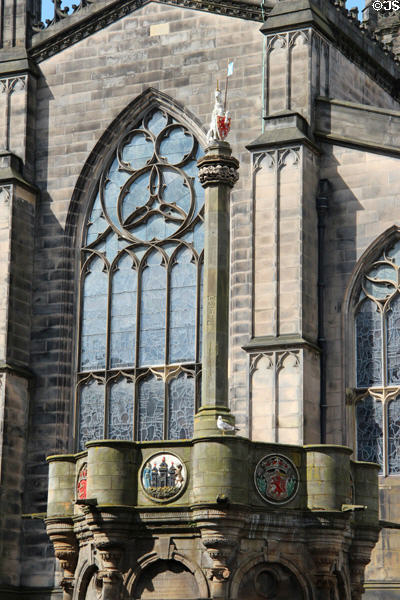 Market cross (16th C & re-erected 1885) beside St Giles Cathedral. Edinburgh, Scotland.