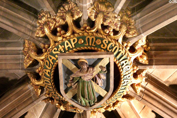 St Andrew in capstone of Gothic ceiling at St Giles Cathedral. Edinburgh, Scotland.