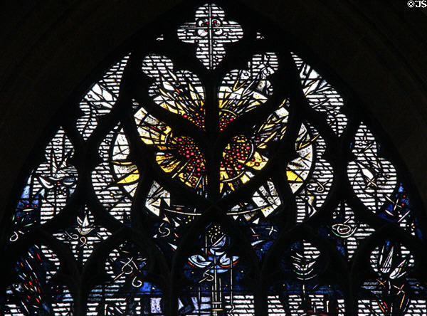 Upper section of Robert Burns memorial stained glass window (1985) by Leifur Breidfjord at St Giles Cathedral. Edinburgh, Scotland.
