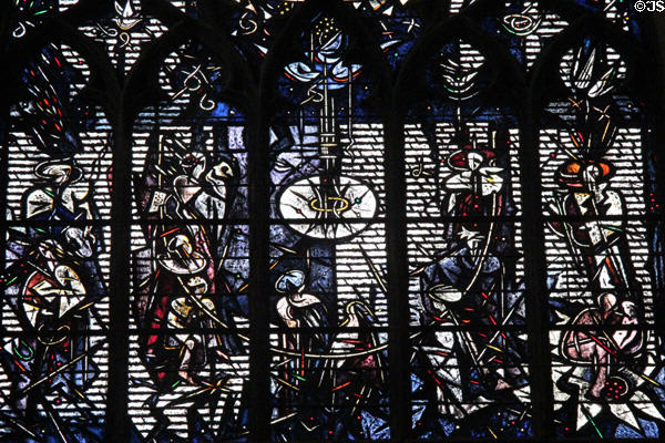 Middle section of Robert Burns memorial stained glass window (1985) by Leifur Breidfjord at St Giles Cathedral. Edinburgh, Scotland.