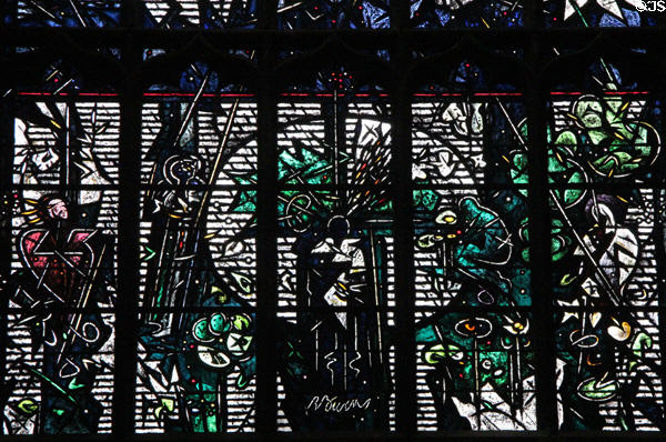 Lower section of Robert Burns memorial stained glass window (1985) by Leifur Breidfjord at St Giles Cathedral. Edinburgh, Scotland.