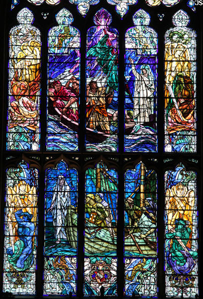 Detail of Christ stilling the tempest & walking on the sea stained glass window by Douglas Strachan of Edinburgh at St Giles Cathedral. Edinburgh, Scotland.