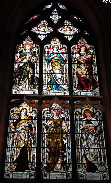 Stained glass window with figures representing Faith, Hope, Charity, Truth, Justice, & Mercy at St Giles Cathedral. Edinburgh, Scotland.