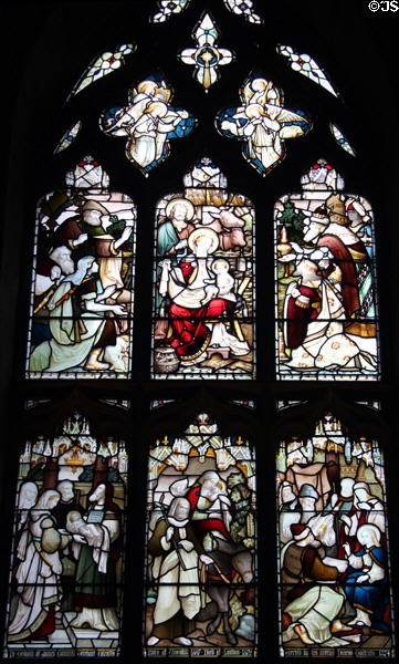 Nativity; Presentation in the Temple; Flight into Egypt; Disputation with the Doctors stained glass windows by Ballantine of Edinburgh at St Giles Cathedral. Edinburgh, Scotland.