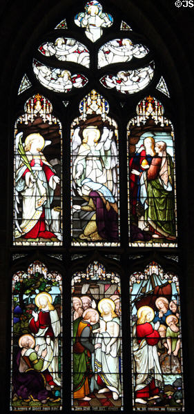 Angels appearing to women at Holy Sepulchre; Christ appears to Mary Magdalene, to St Thomas & to Disciples stained glass windows by Ballantine of Edinburgh at St Giles Cathedral. Edinburgh, Scotland.